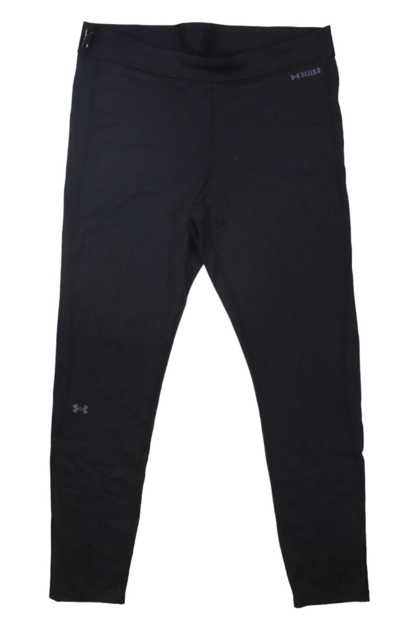 Under Armour Women's Packaged Base 3.0 Legging in black shown flat on a white background displays its full length and fitted style. These base layer pants feature moisture-wicking fabric to keep you comfortable during any workout.