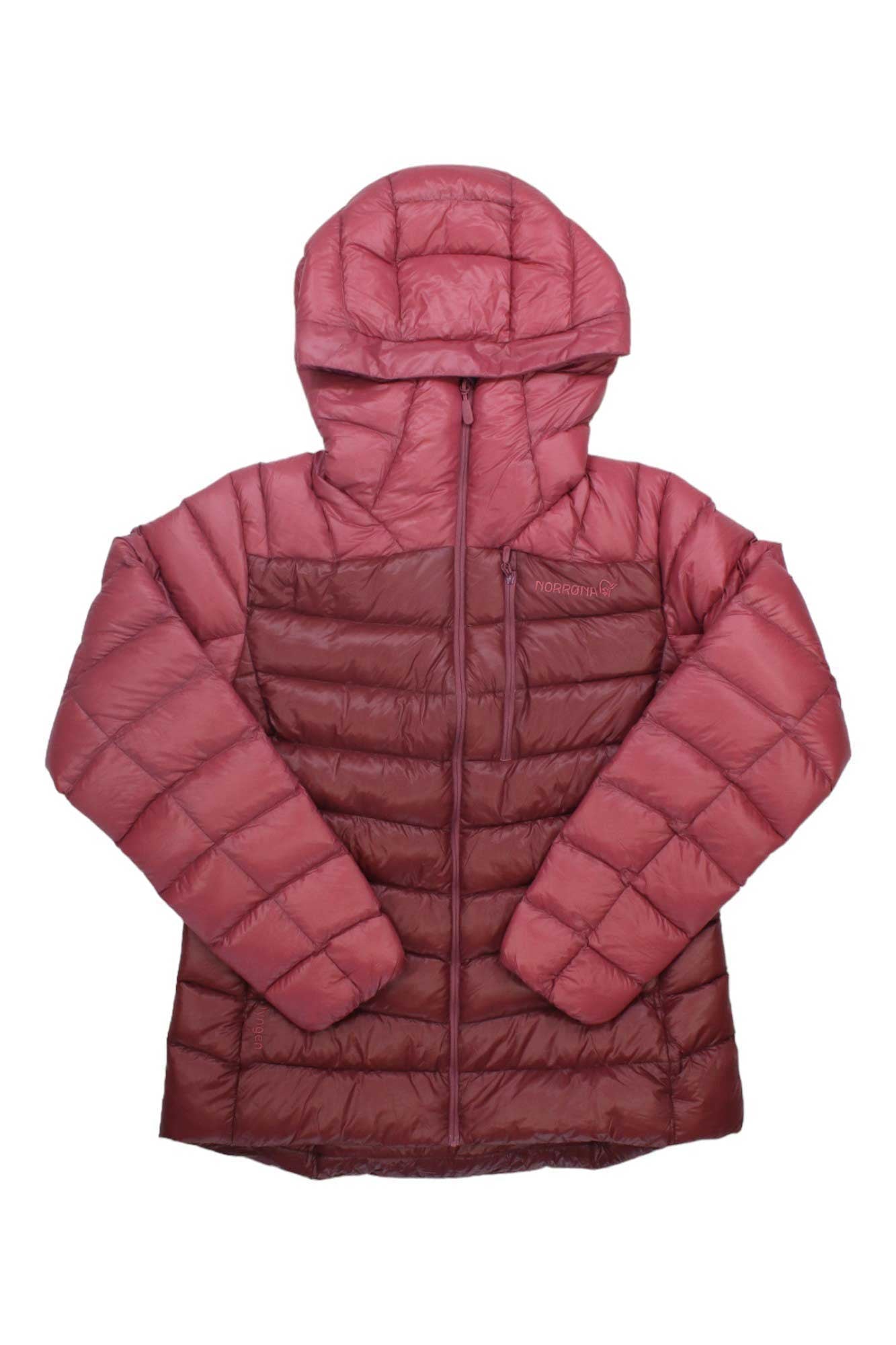 Norrona women's hooded puffer jacket, maroon, zip front with quilted insulation