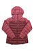 Norrona women's hooded puffer jacket, maroon, zip front with quilted insulation