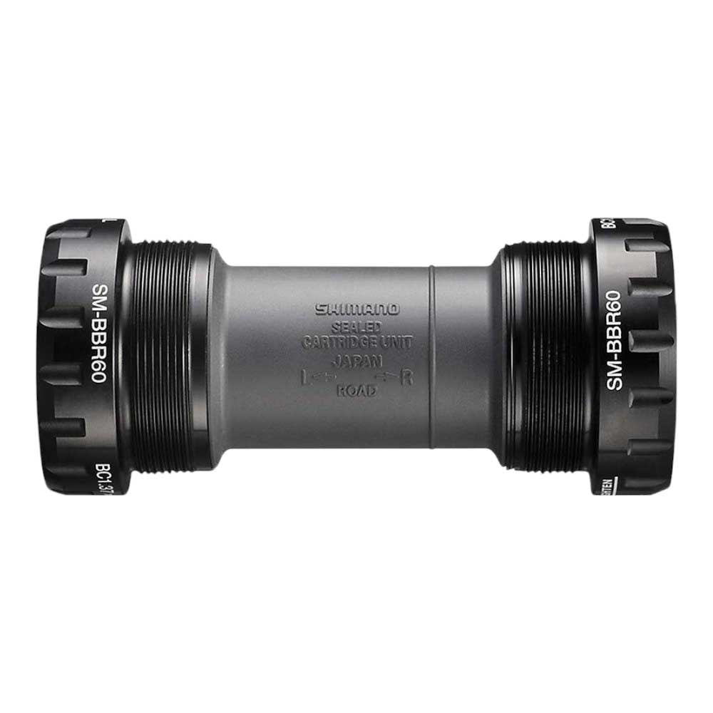 The Shimano Ultegra SM-BBR60 Bottom Bracket in black has threaded cups, sealed bearings for smooth performance, and engraved model details—engineered for road bikes.