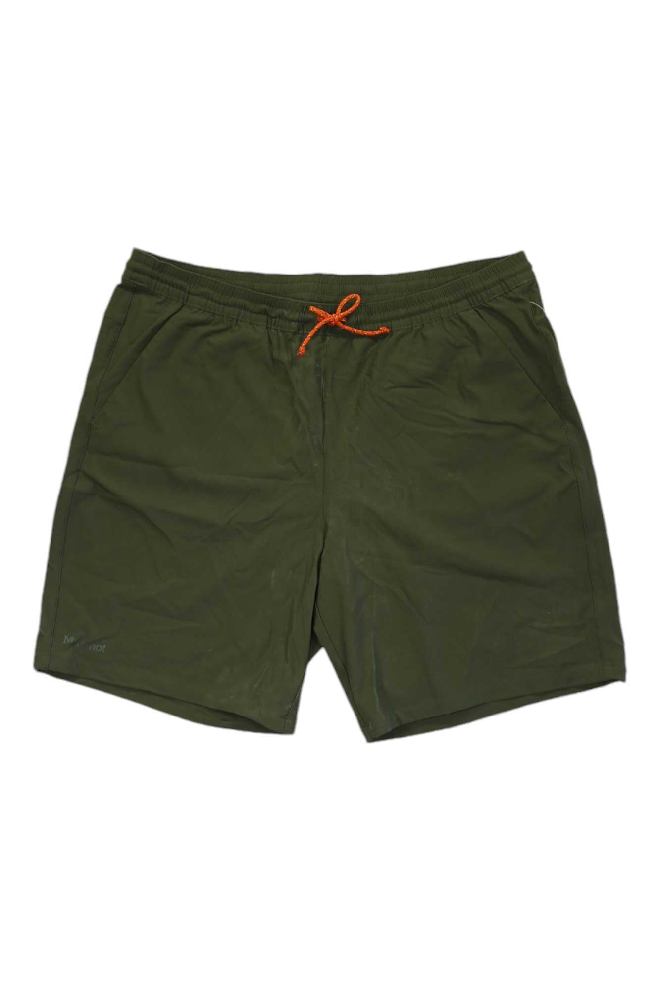 The Marmot Mens Elche 8 Inch Short in olive green features an elastic waistband and orange drawstring, shown laid flat on a white background.
