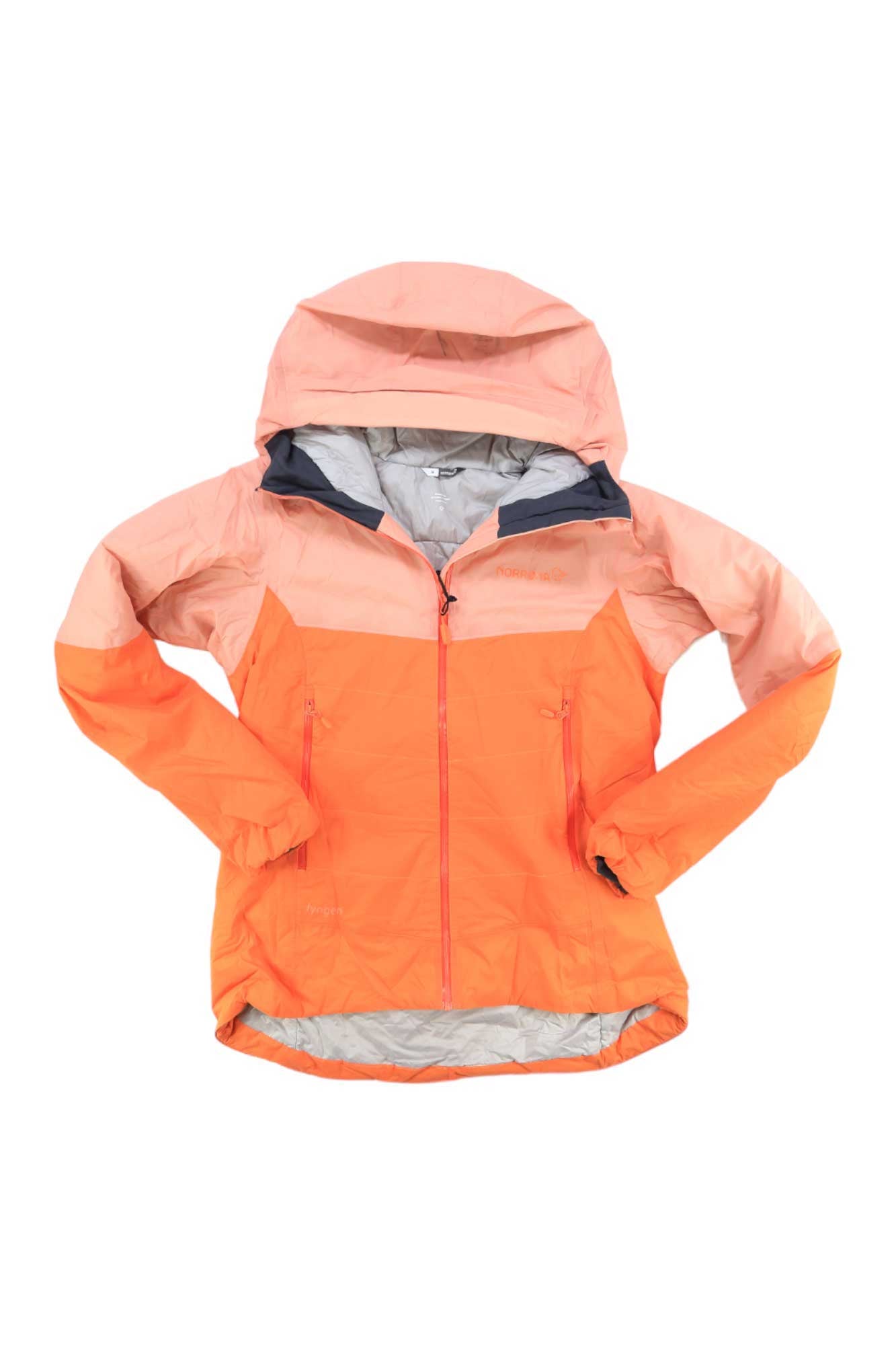 Women’s insulated hooded jacket, orange with full-zip and gray inner hood lining