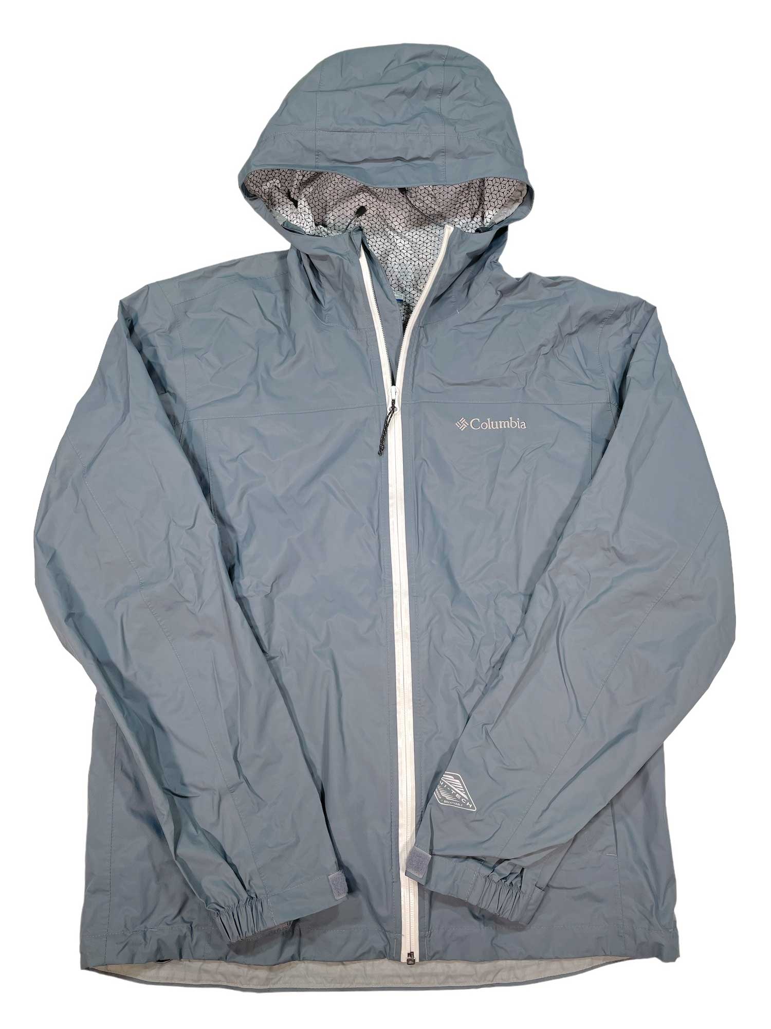 A men's Columbia EvaPOURation Jacket in light gray with a white zipper and mesh lining, shown flat on a white background.