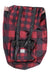 A red and black plaid Little America Backpack with black straps, a front pocket, padded laptop sleeve, white rectangular logo label, and a spacious 25L capacity.