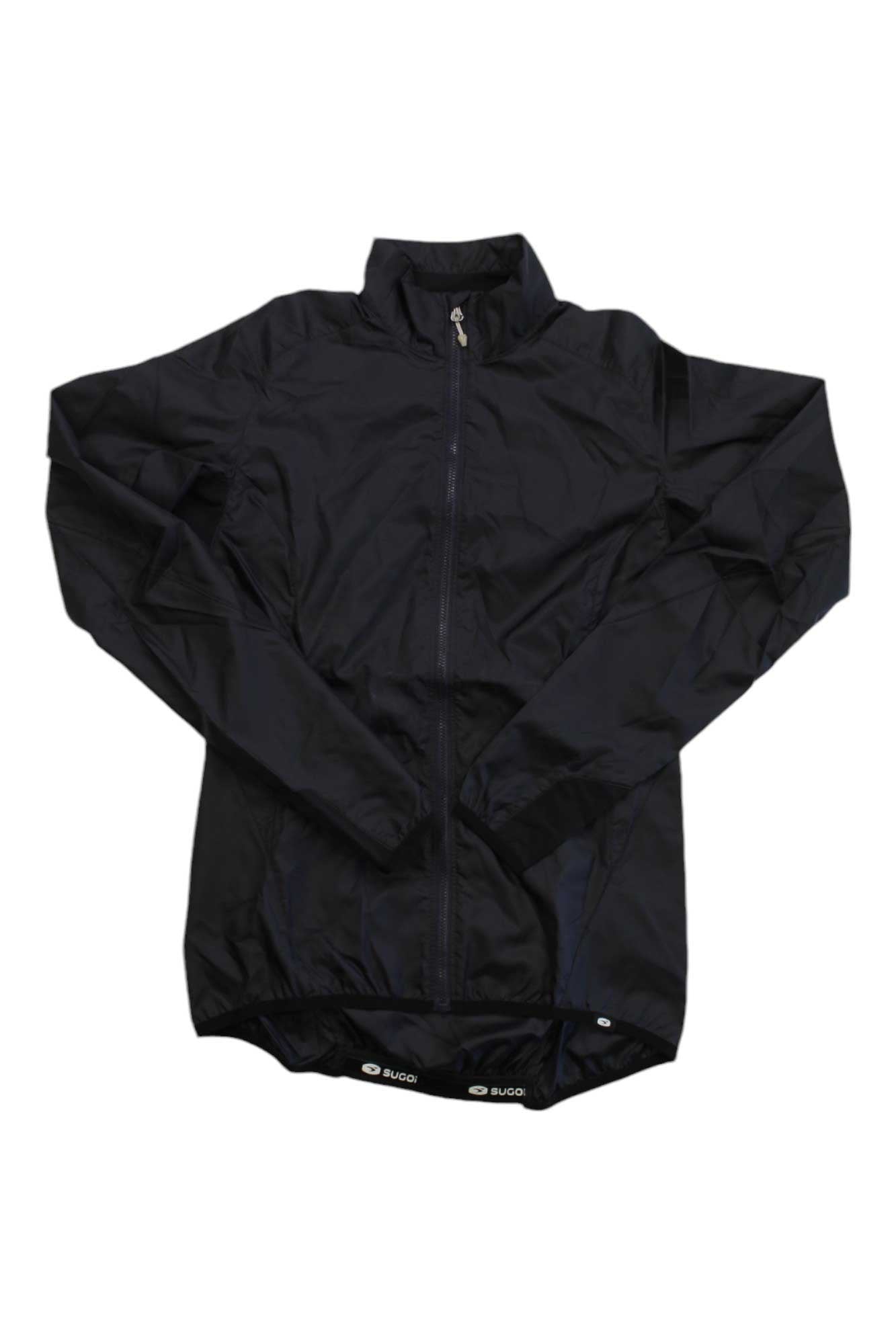 The Sugoi Stash Cycling Jacket is a black women's zip-up with long sleeves and a high collar, shown flat on a white background. This lightweight, windproof jacket has elastic cuffs and hem for a snug fit.