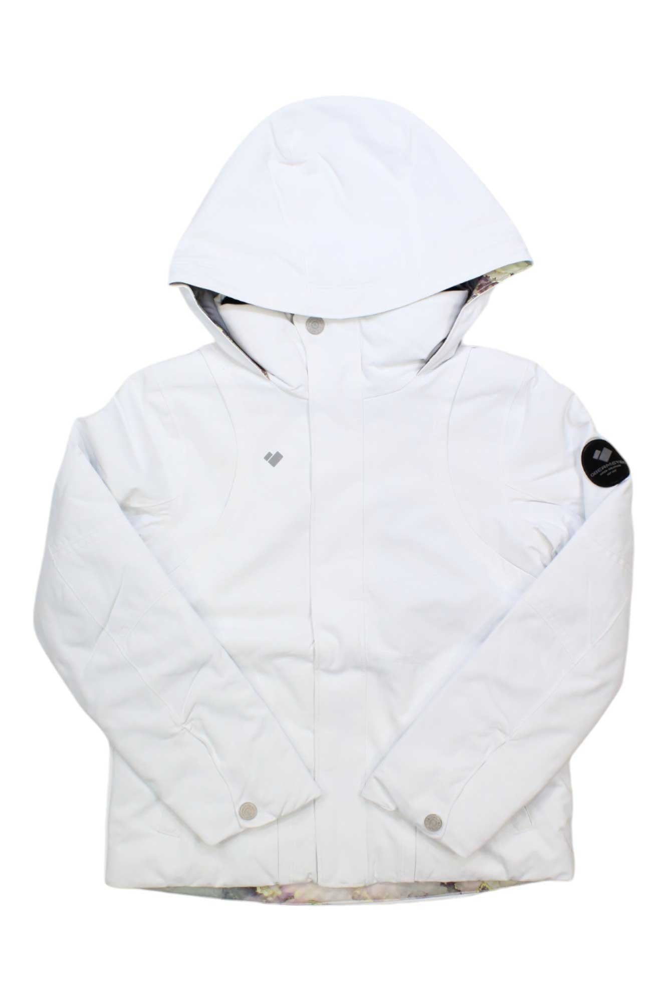 Girls white hooded winter jacket with zip front and snap button placket