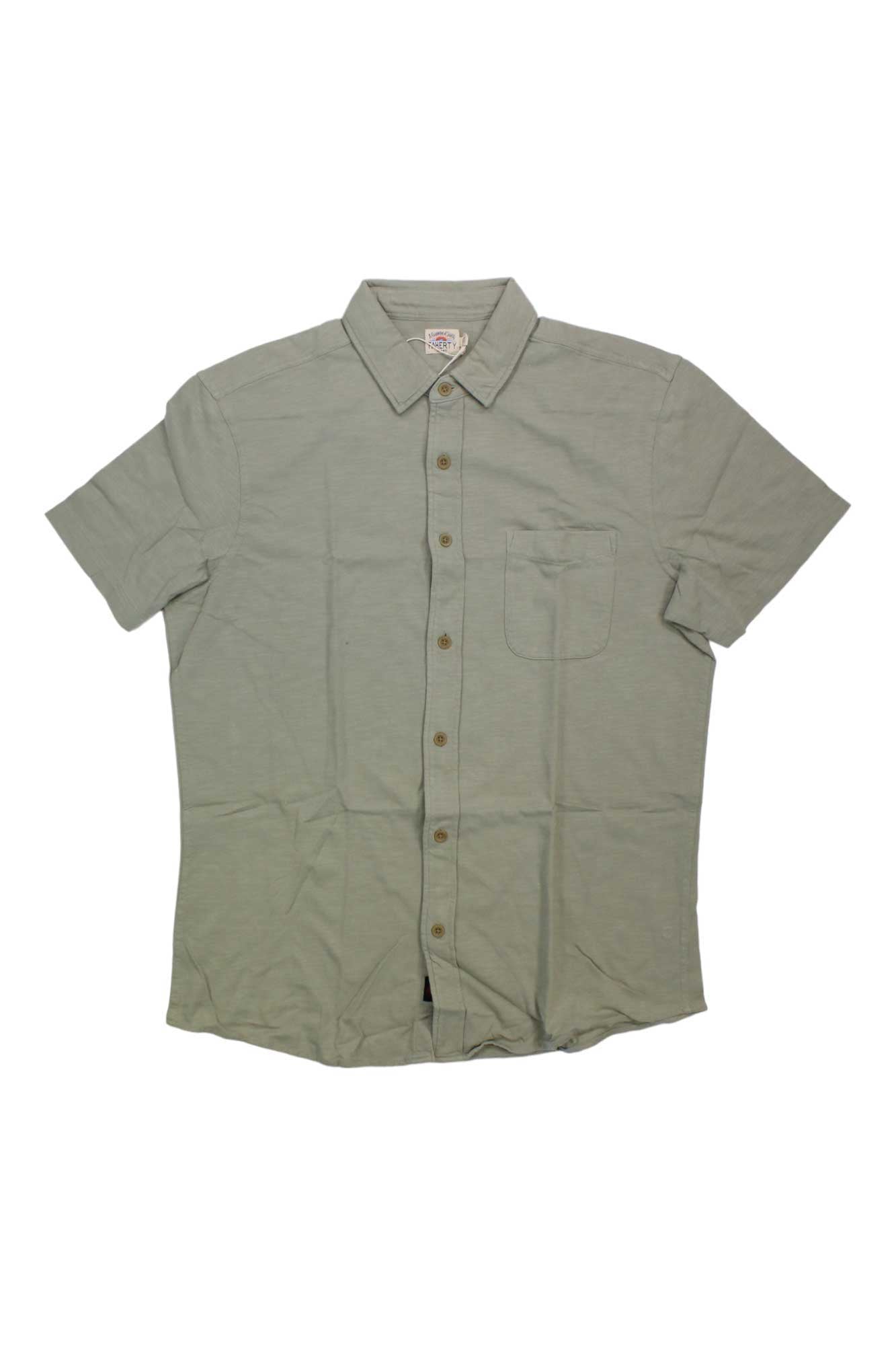 The Faherty Mens Knit Seasons SS Shirt in light olive green is made from organic cotton and features short sleeves, a button-up front, and a single chest pocket, shown laid flat on a white background.