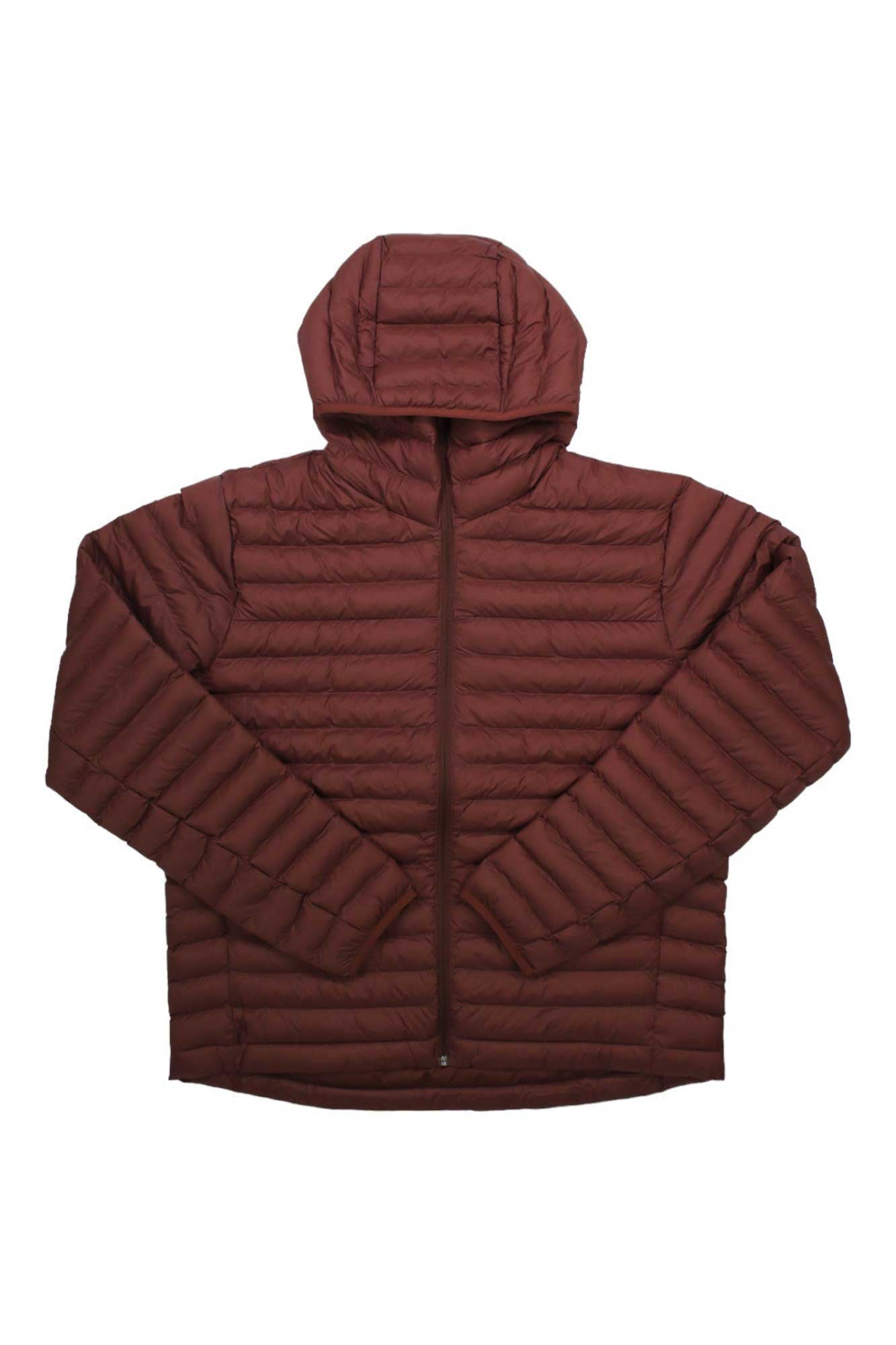 A maroon Marmot Mens Echo Featherless Hoody made from recycled nylon with horizontal quilting, Thinsulate featherless insulation, long sleeves, and a full front zipper is displayed flat on a white background.