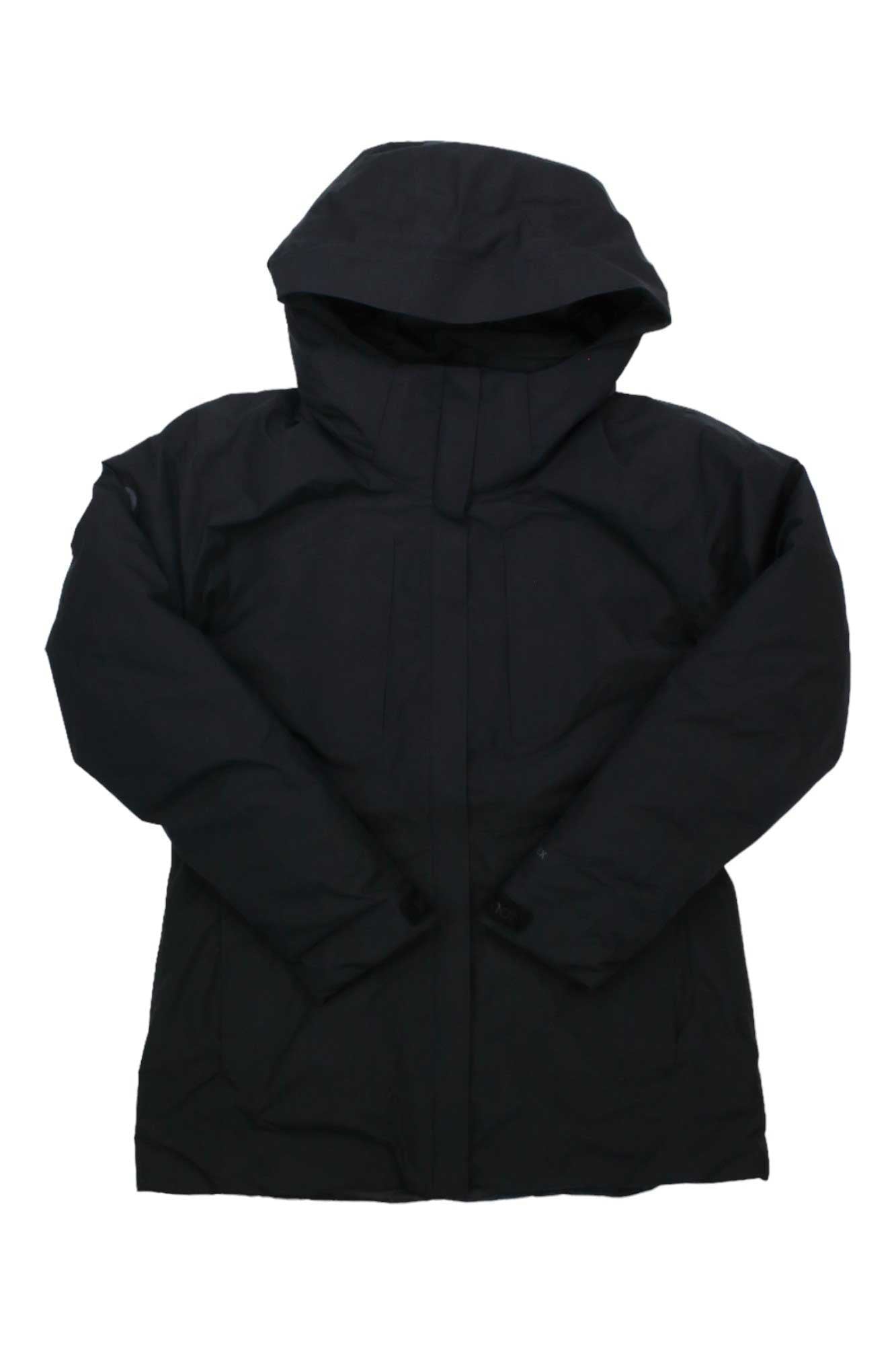 Women's featherless hooded puffer jacket in black with full zipper and pockets