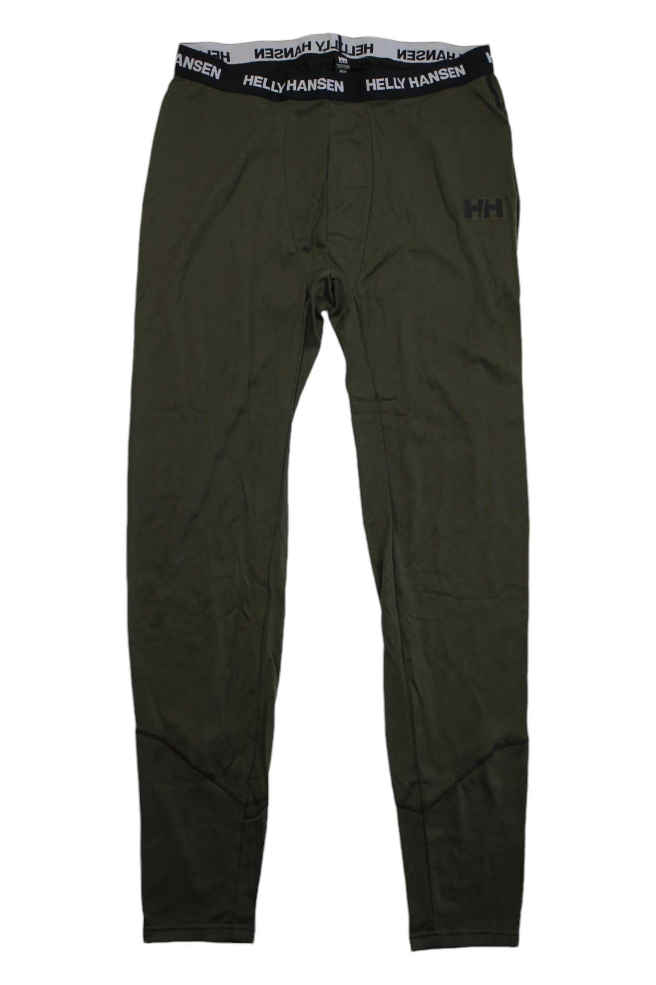 The Helly Hansen Mens Lifa Active Pant in olive green features a white-branded elastic waistband, slim fit, minimal seams, and moisture-wicking fabric—an ideal high-performance base layer for mountaineering.