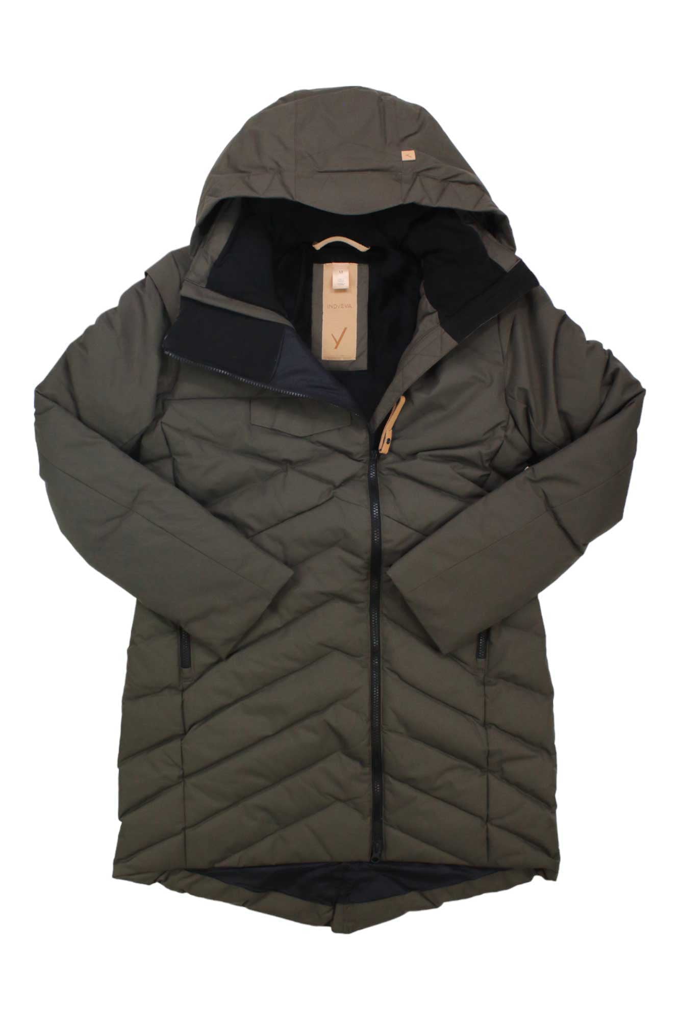 The Indyeva Womens Ayaba II Jacket in olive green features a quilted, water-resistant design with a hood, long sleeves, high collar, and front zipper. Shown flat on a hanger with tags attached.