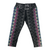 Women's Prana leggings with black floral lace print and colorful side panels, capri