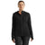 A person faces forward wearing the Icebreaker Womens Quantum III LS Zip Hoodie in black with a hood and front pockets, paired with black pants, against a completely white background.