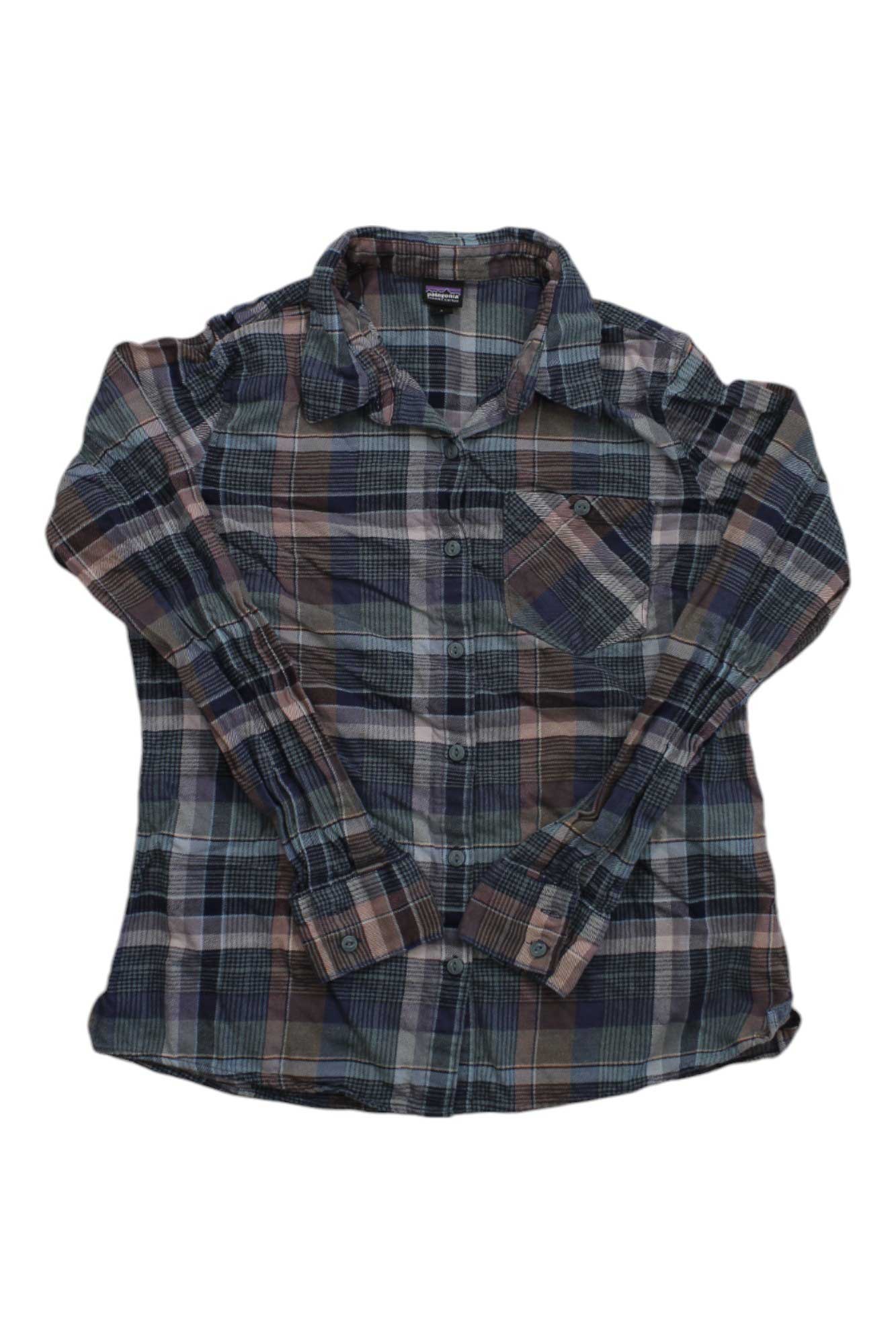 The Womens Heywood Flannel Shirt is a long-sleeve, button-up made from organic cotton with a super-soft flannel in blue, green, brown, white, and gray shades plus a left chest pocket.