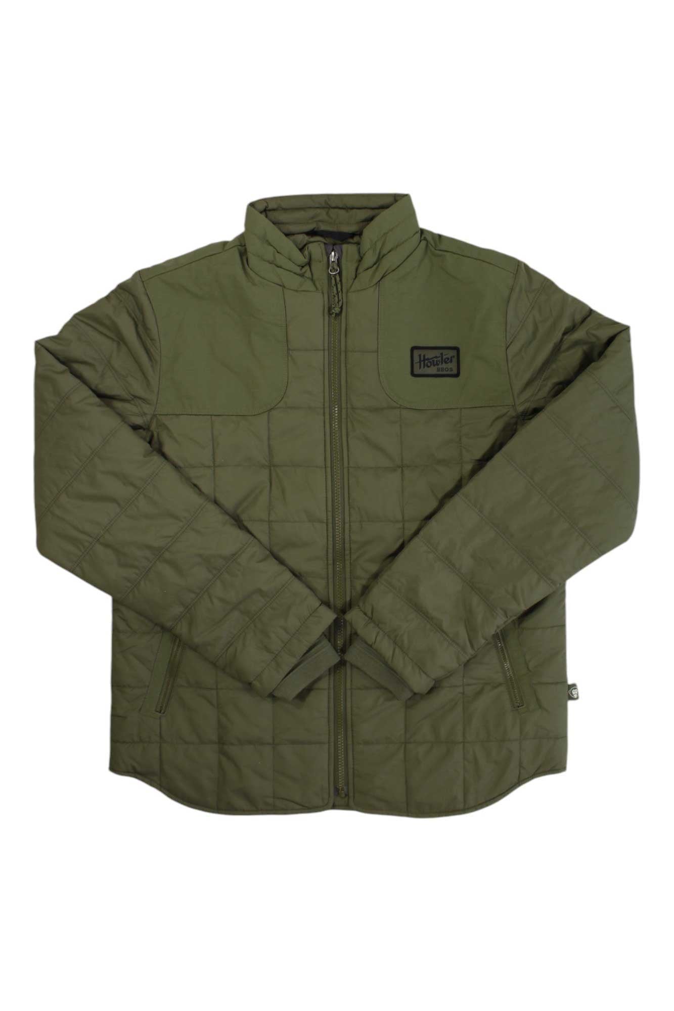 Men's quilted jacket, full-zip, Howler Brothers patch; olive green with darker panels