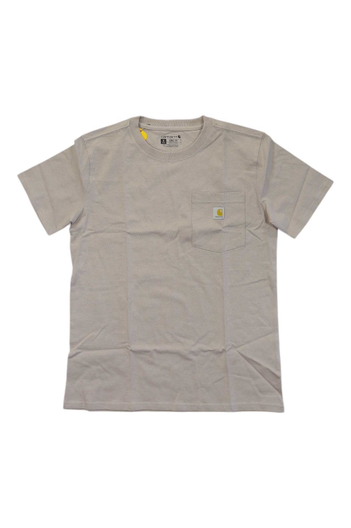 The Carhartt Womens WK87 Workwear Pocket SS T-Shirt is a light beige, short-sleeved tee with a chest pocket and small square logo patch. Laid flat and slightly wrinkled, it offers classic style and subtle moisture wicking for everyday comfort.