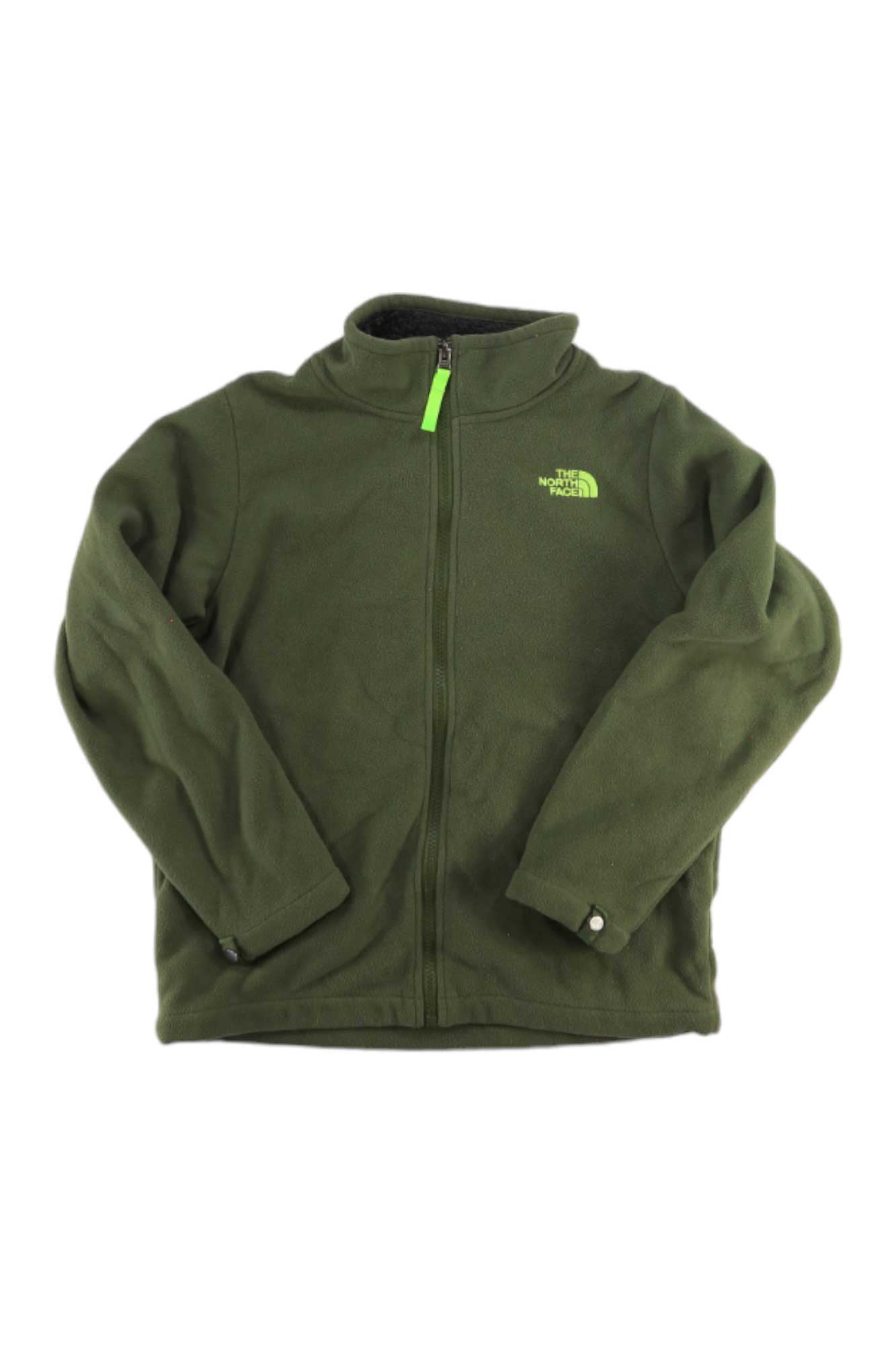 The Kids' Chimborazo Triclimate 3-in-1 Jacket in olive green features a soft Sherpa fleece liner, full front zipper, high collar, bright green The North Face logo on the left chest, and long sleeves with adjustable cuffs.