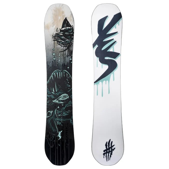 Two snowboards shown: the YES Pick Your Line Snowboard 26 with an underwater shark and fish graphic on black, and an all-mountain snowboard in white featuring bold abstract blue and black markings plus a tally mark near the bottom.