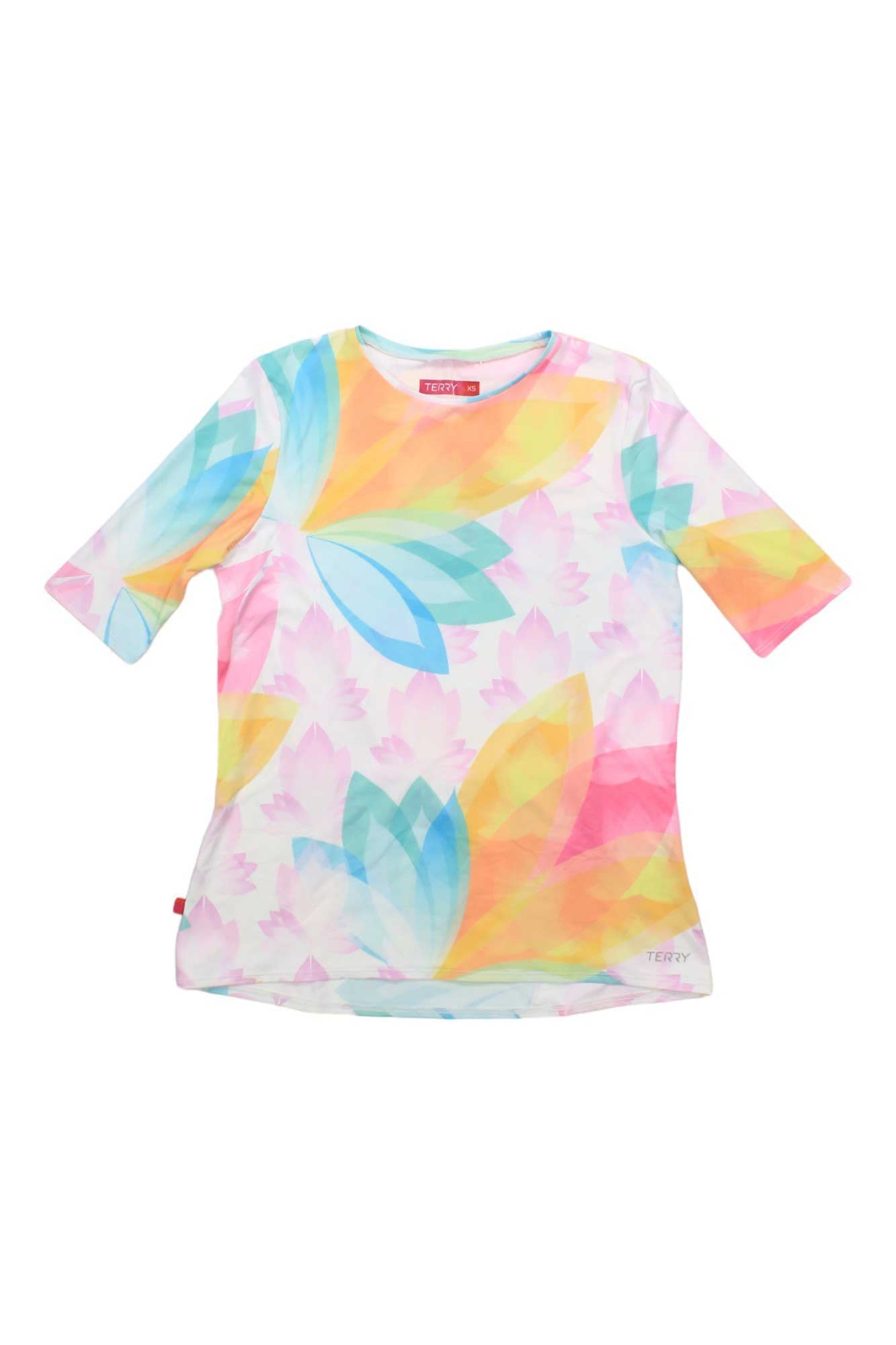 Women’s short-sleeve crewneck flow top with pastel rainbow watercolor abstract print