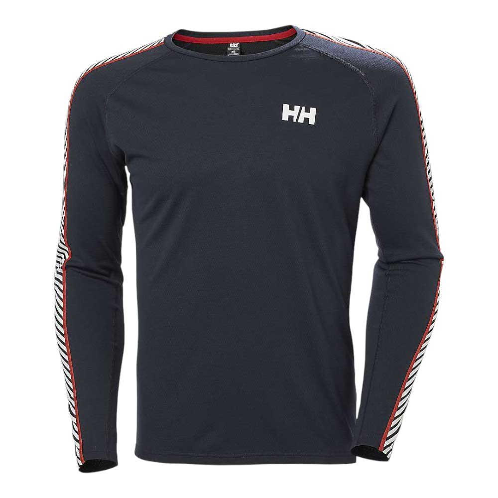Navy long-sleeve crew shirt with red collar trim, HH logo, and striped sleeves