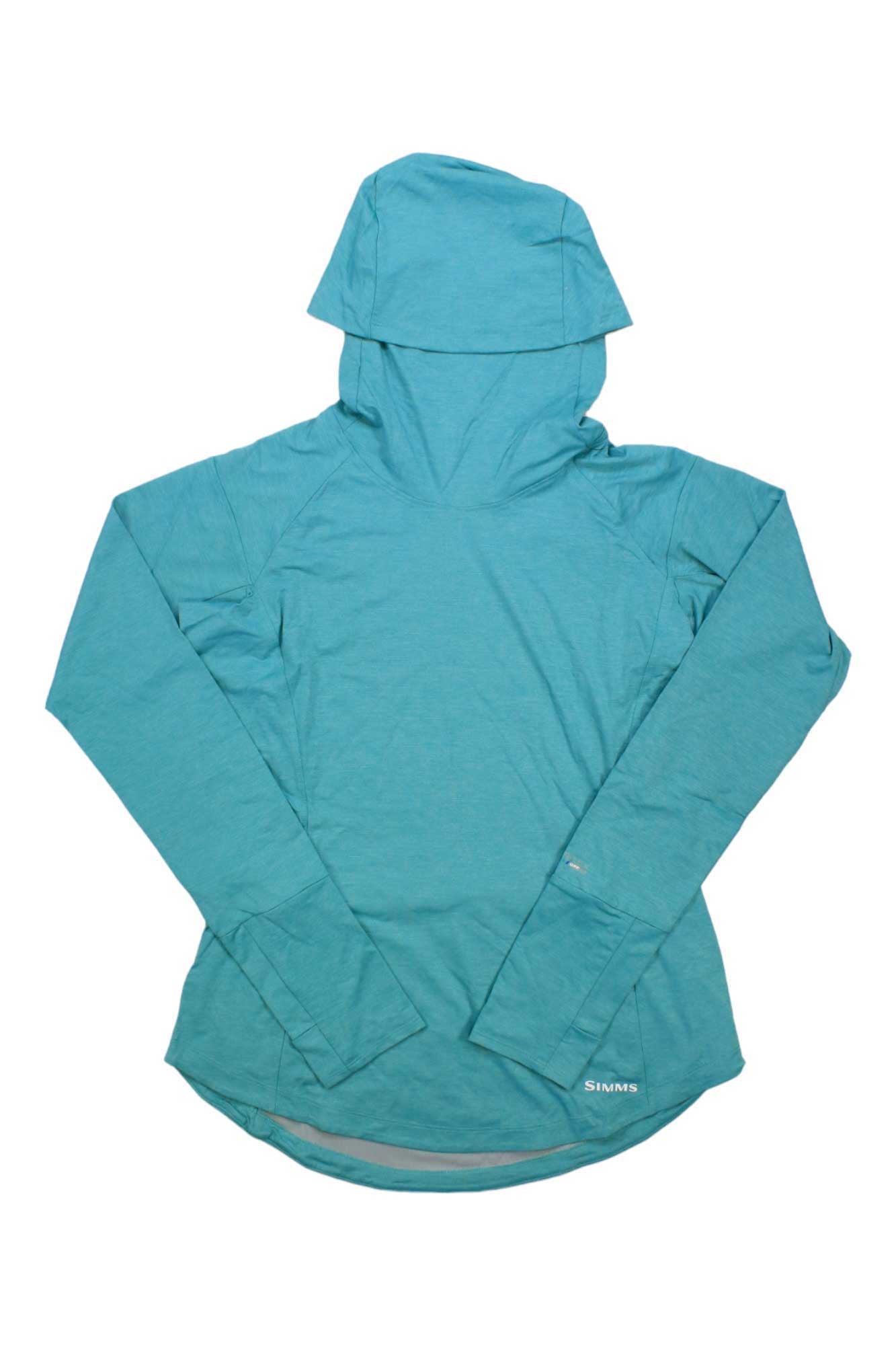 A Simms Womens SolarFlex Cooling Hoody in turquoise, crafted from lightweight knit with sun protection, long sleeves, thumbholes, and the Simms logo near the hem is shown laid flat on a white background.