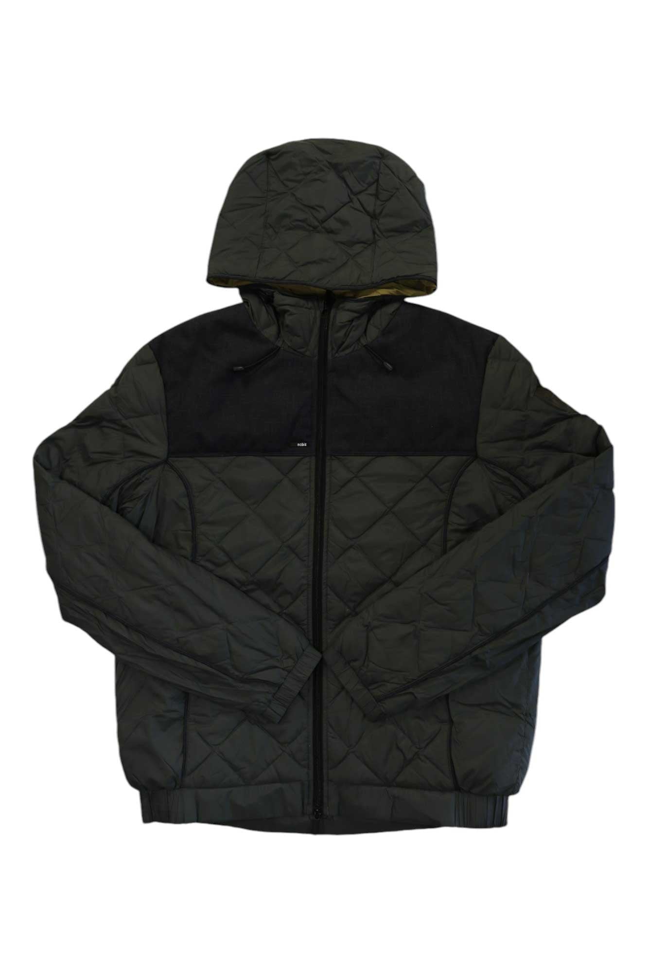 A dark green Nobis Mens Elroy Quilted Hooded Jacket with a hood, black shoulder panels, long sleeves, and front zipper closure is laid flat on a white background—crafted as a waterproof jacket for versatile protection.