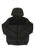 A dark green Nobis Mens Elroy Quilted Hooded Jacket with a hood, black shoulder panels, long sleeves, and front zipper closure is laid flat on a white background—crafted as a waterproof jacket for versatile protection.