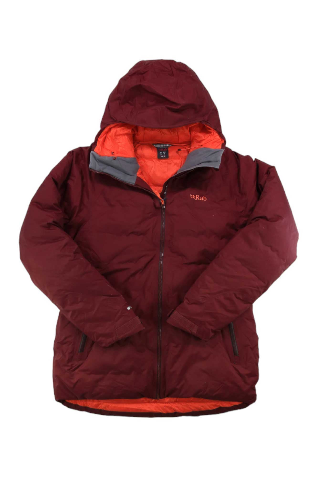 Women's burgundy hooded jacket with full-zip front and orange interior lining