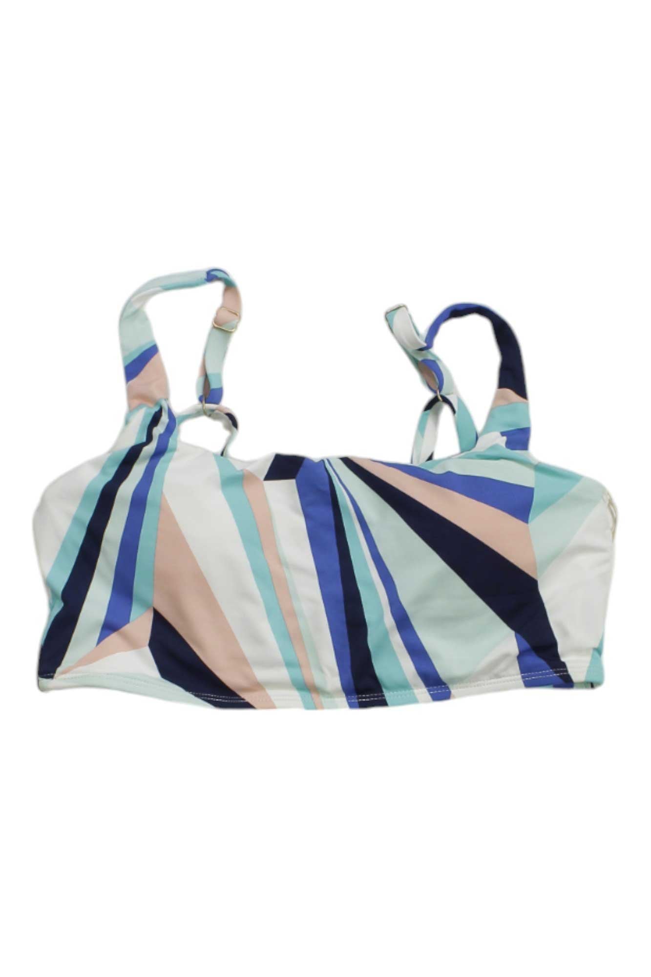 The Carve Designs Womens Amelia Tank is a bandeau-style bikini top with adjustable straps, a braided back, and a geometric print in blue, mint green, peach, and white.