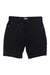 The Chrome Industries Mens Madrona Short is a black, knee-length casual short with button and zip closure, front and back pockets, and belt loops. Quick-dry fabric makes it ideal for commuters. Displayed on a white background.
