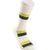 The Smartwool Mens Saturnsphere Crew Sock is a white crew sock with bold yellow and dark green stripes, shown on a mannequin foot. Made with soft merino wool and light cushioning for all-day comfort. "TOO MANY" text appears on the toe.