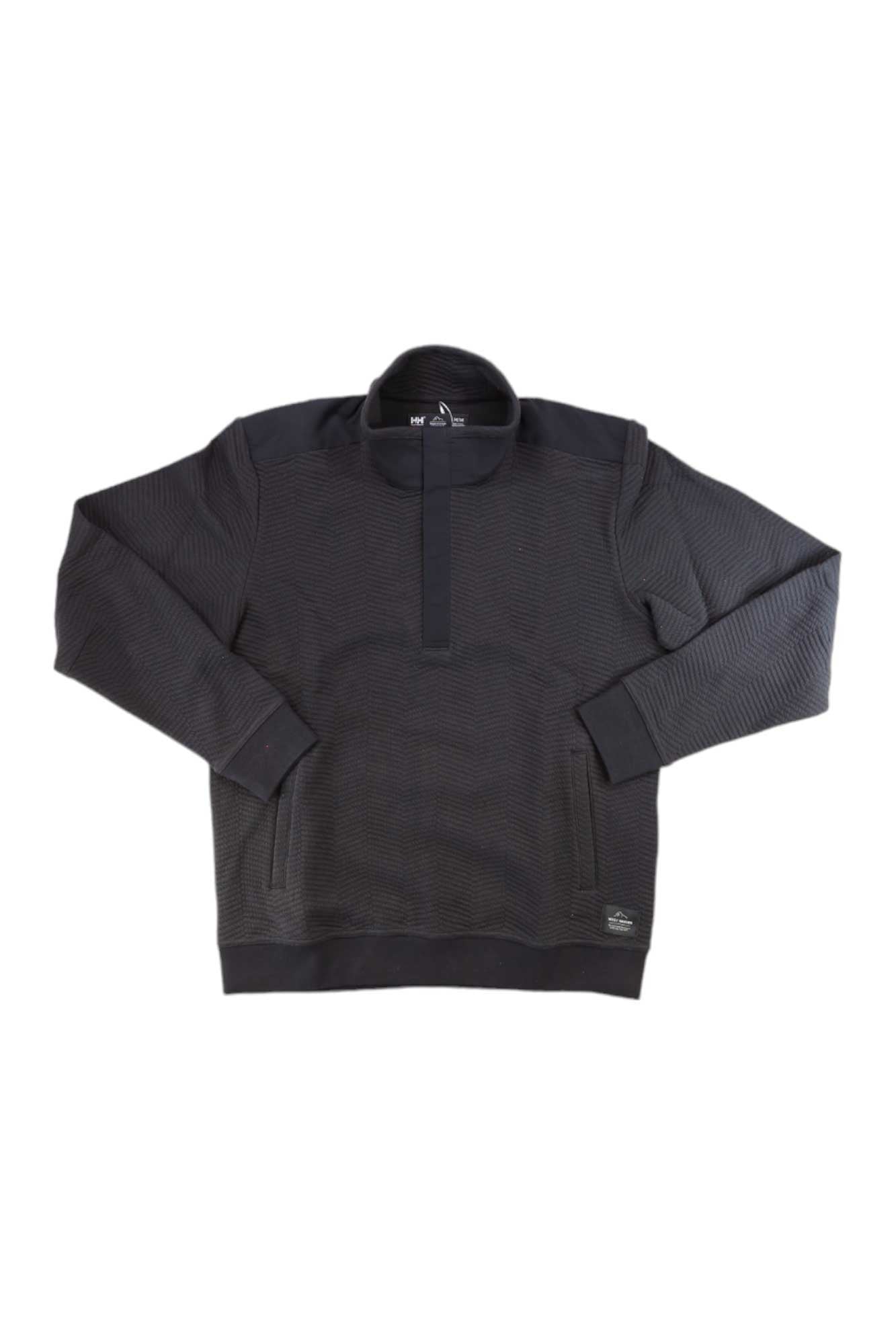 The Helly Hansen Men's Lillo Snap Sweater in dark gray features a short standing collar, partial front snap placket, zippered side pockets, and ribbed cuffs and hem, shown laid flat on a white background.