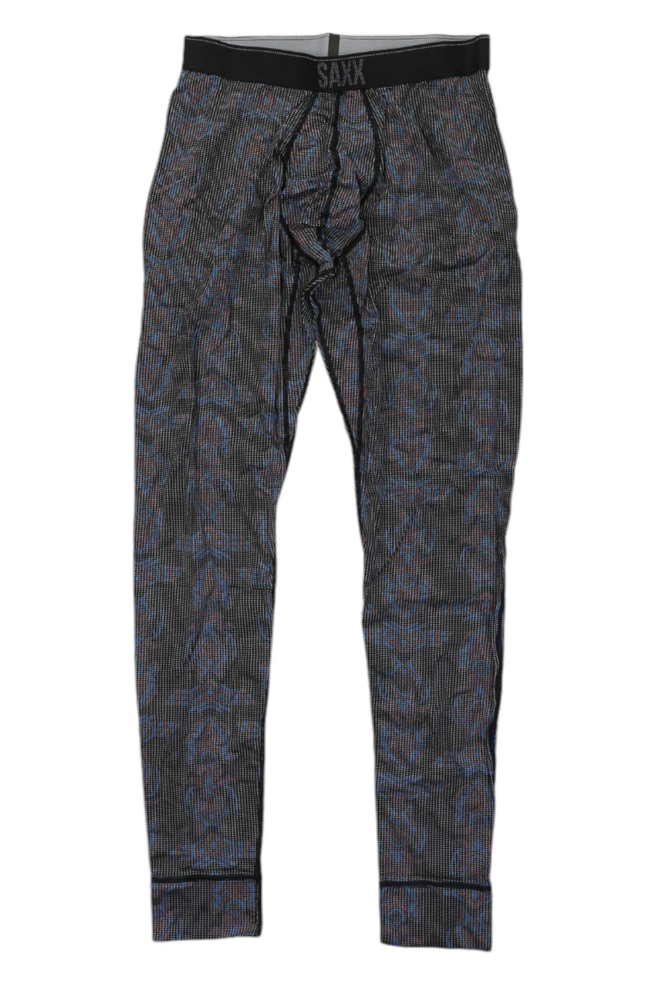 The SAXX Men's Quest Quick Dry Mesh Bottom Fly pants feature a black elastic SAXX waistband, moisture-wicking fabric, and a subtle multicolored striped design—ideal as a comfortable, high-performance hiking baselayer.
