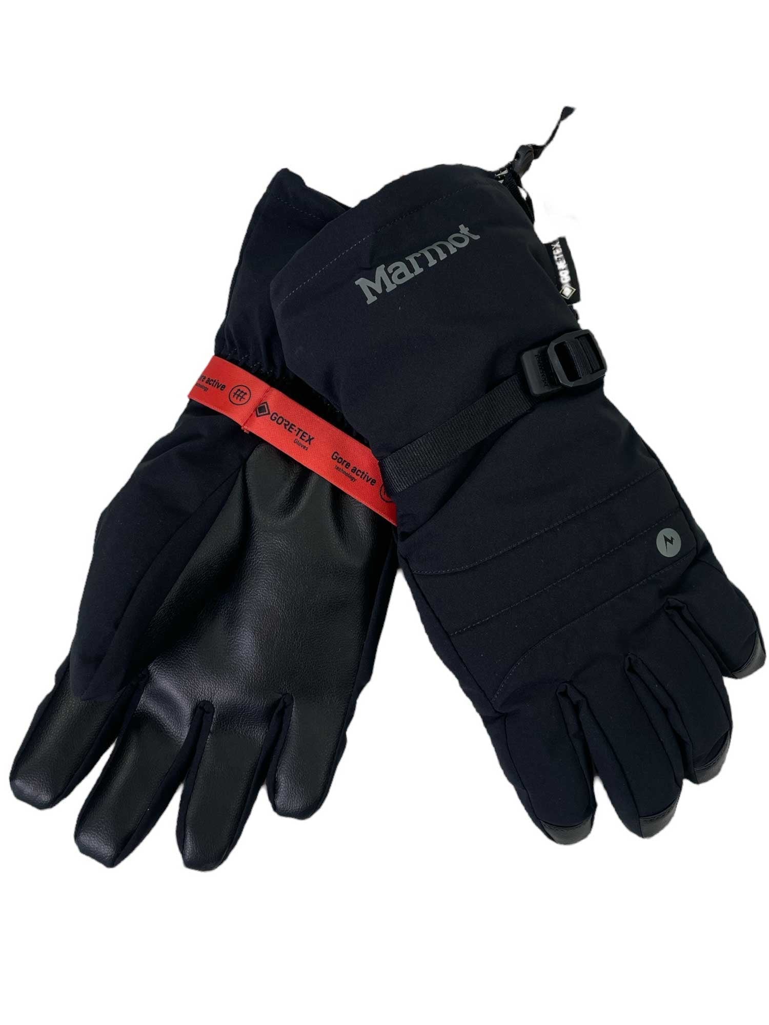 The Marmot Mens Snoasis Glove features leather palms, a red Gore-Tex tag, adjustable wrist straps, and insulation—ideal outdoor gloves for winter activities.