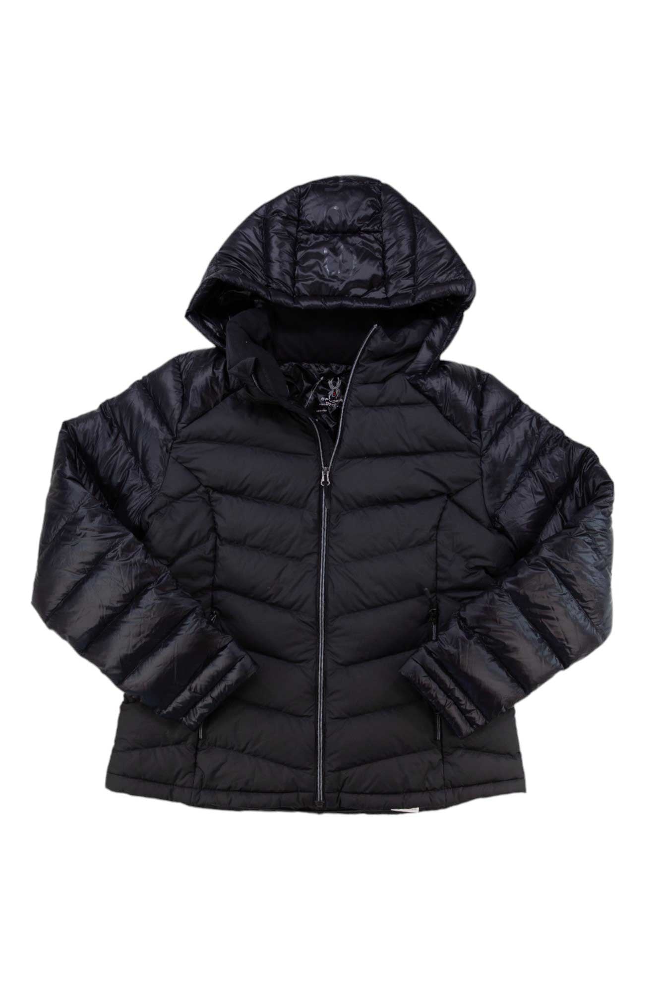 Spyder women's hooded puffer jacket in black with full-zip front and quilted stitching