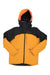 The Helly Hansen Juniors' Summit Jacket features a hood, black top and sleeves, bright orange lower half and hood lining, two front pockets, and a front zipper. This insulated ski jacket is perfect for kids in cold or outdoor conditions.