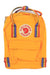 Mini backpack with warm orange-yellow body, rainbow striped top handles, and front pocket flap