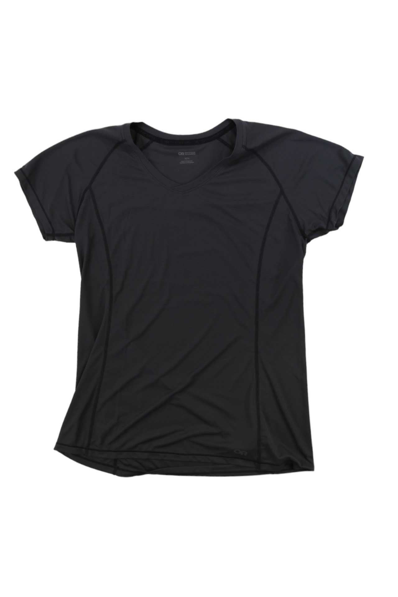 The Outdoor Research Womens Echo T-Shirt is a plain black active tee made from recycled polyester, featuring short sleeves and a round neckline, shown laid flat on a white background.