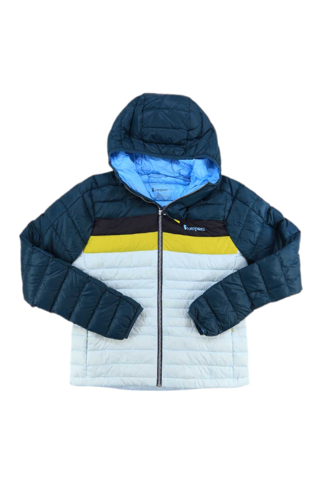 The Cotopaxi Women's Fuego Down Hooded Jacket features dark blue sleeves and hood, a light blue body, and brown, yellow, and white horizontal stripes across the chest. It has lightweight responsibly-sourced down insulation and is shown on a white background.