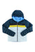 The Cotopaxi Women's Fuego Down Hooded Jacket features dark blue sleeves and hood, a light blue body, and brown, yellow, and white horizontal stripes across the chest. It has lightweight responsibly-sourced down insulation and is shown on a white background.
