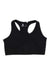 The Tasc Womens ALLways Sports Bra, a plain black racerback with a scoop neckline made from moisture-wicking fabric, is shown laid flat on a white background.