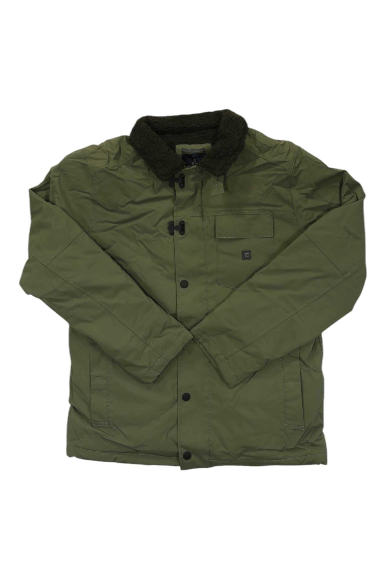 Roark Mens Axeman Jacket in olive green with black fur collar, front button closure, chest pocket, and side pockets, shown laid flat on a white background.