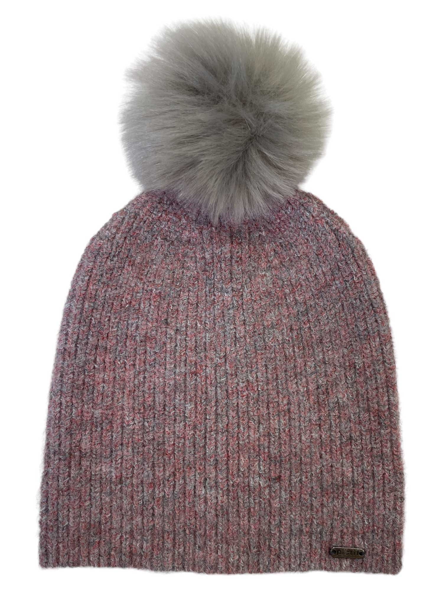 The Pistil Womens Lauren Beanie is a pink and gray knit hat with a large faux fur pom on top and a small metal tag at the lower edge, designed for winter warmth and style.