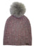 The Pistil Womens Lauren Beanie is a pink and gray knit hat with a large faux fur pom on top and a small metal tag at the lower edge, designed for winter warmth and style.