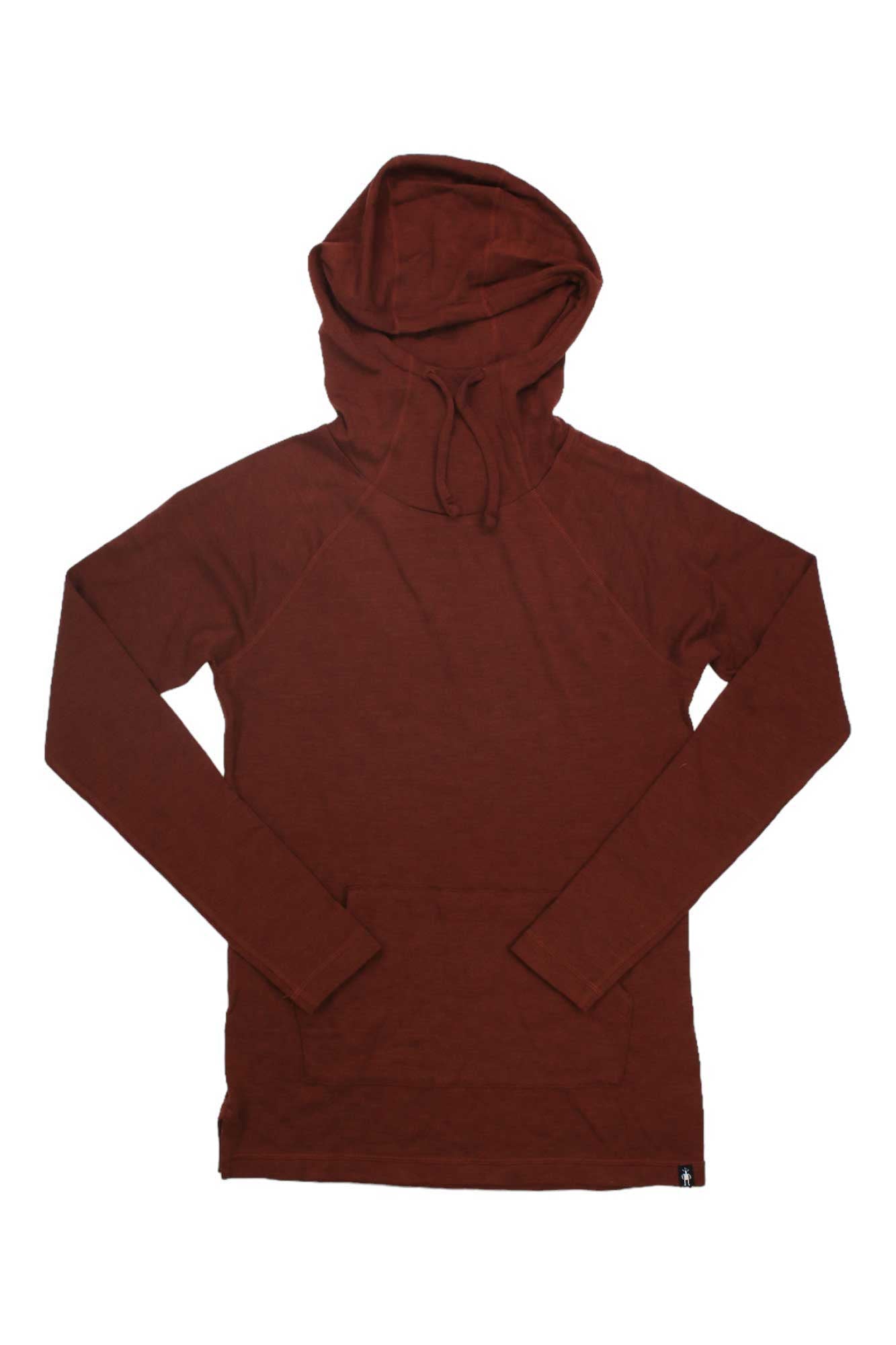 The Smartwool Womens Thermal Merino Drape Neck Hoodie in rust, featuring long sleeves, a front kangaroo pocket, and drawstrings, is shown laid flat on a white background.
