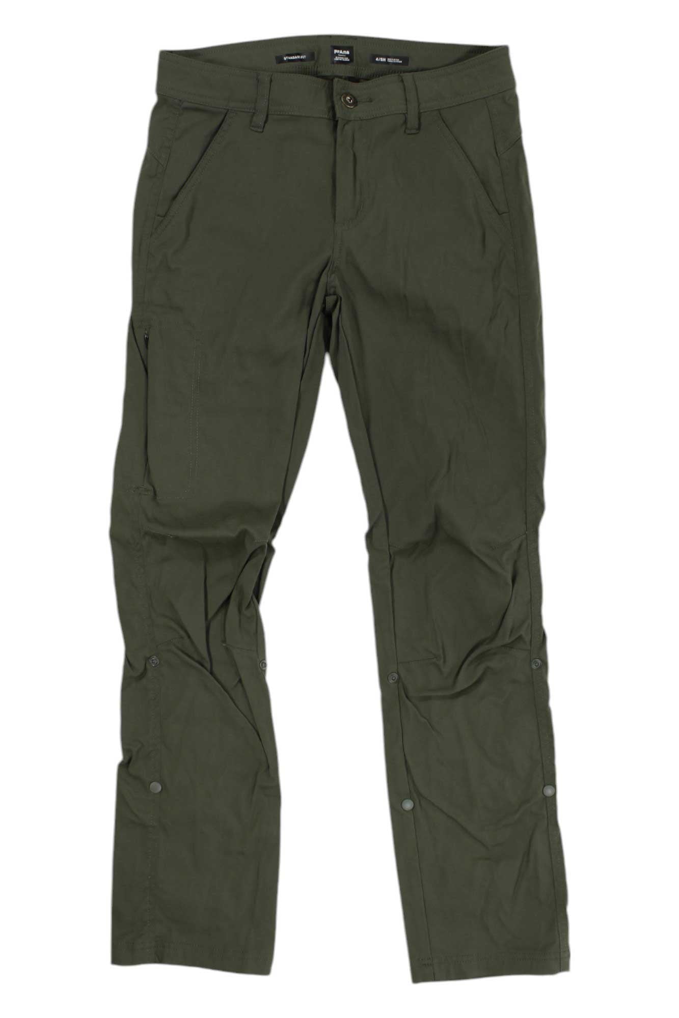 Women's hiking pants, dark green, zip fly with adjustable waist tabs, front and cargo pockets