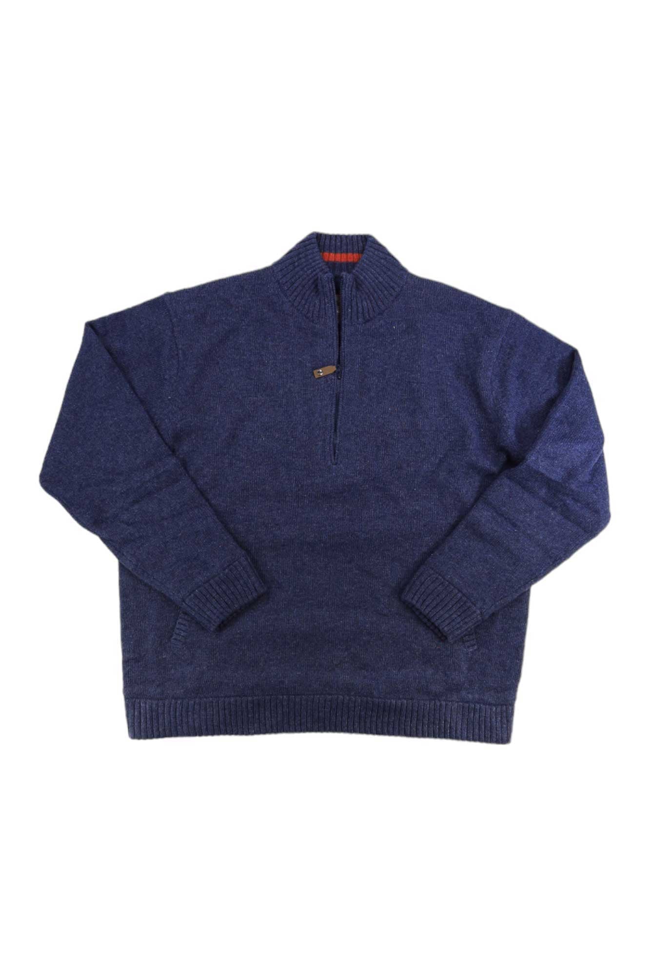 The Royal Robbins Mens Baylands Lined 1/2 Zip Sweater in navy blue merino wool features a quarter-zip collar plus ribbed cuffs and hem, shown laid flat against a white background.