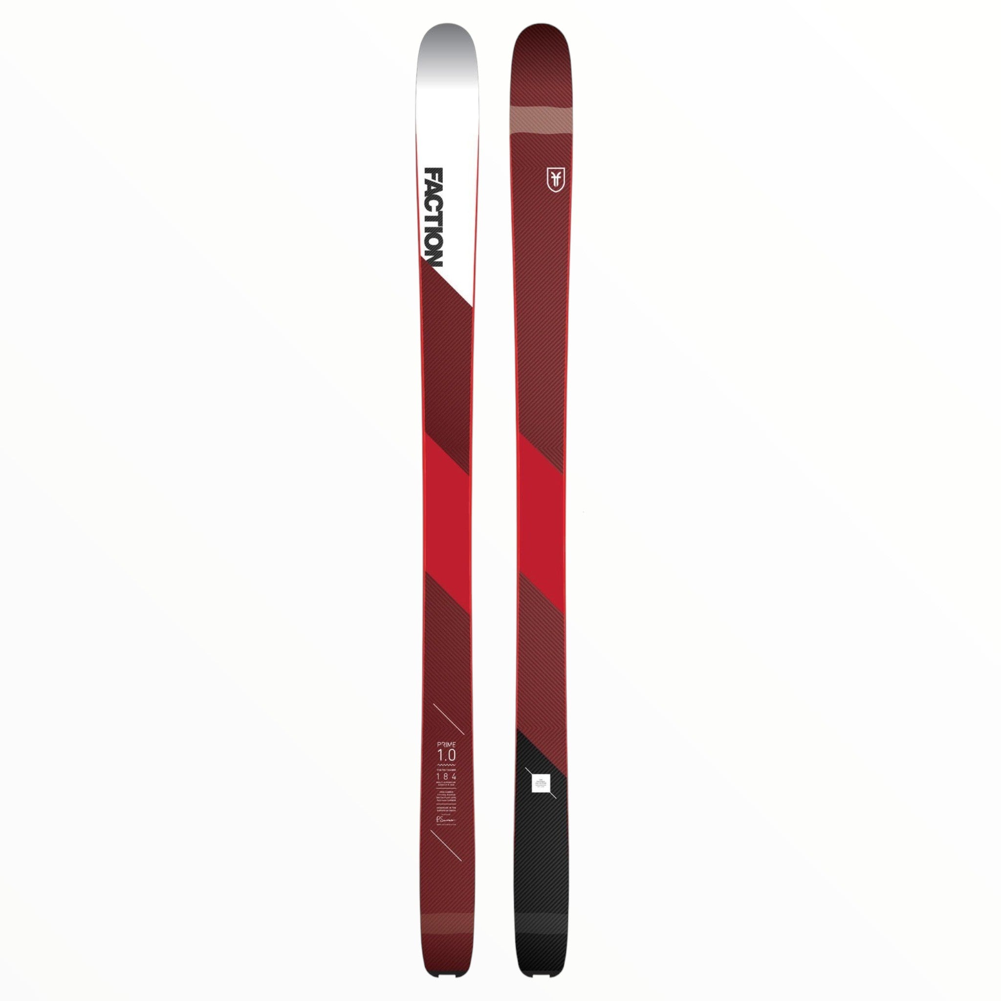 The Faction Prime 1.0 Skis feature bold red and maroon diagonal stripes, a lightweight hybrid balsa flax core, and black, white, and red accents—shown from the top on a white background.