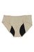 Proof Womens Period & Leak Proof Hipster features beige fabric with black lining at the inner thigh and crotch, designed for breathable comfort in a seamless style, shown flat against a white background.
