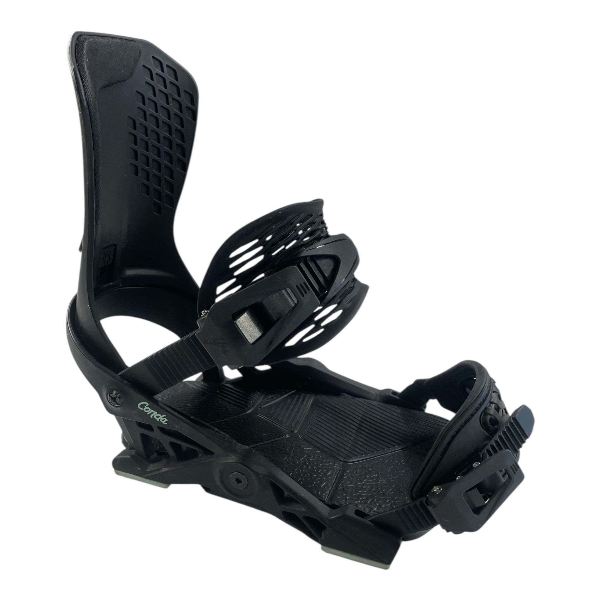 The YES Conda Snowboard Bindings, shown in black on a plain white background, offer adjustable straps, a responsive baseplate, and high back support to keep your boots securely attached to your snowboard.